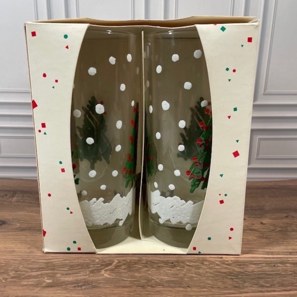 Vintage Coolers Market Place Christmas Tree Drinking Glasses Set Of 4 15 oz NOS